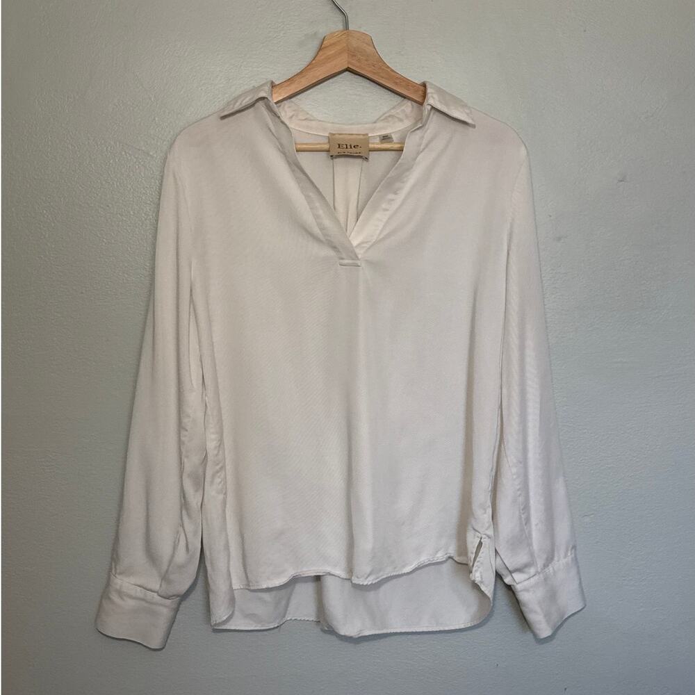 Women's Size M Elie Tahari White V Neck Collared Long Sleeve Tencel Blouse Top